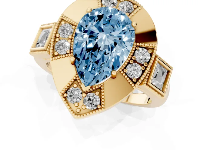 Fancy Blue Pear Cut Diamond Milgrain Halo Ring Set in Yellow gold with Split Shank – second view