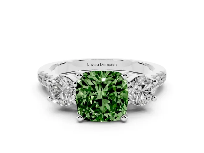 Cushion Cut Three-Stone Engagement Ring Setting for a Fancy Green Lab-Grown Diamond | Platinum