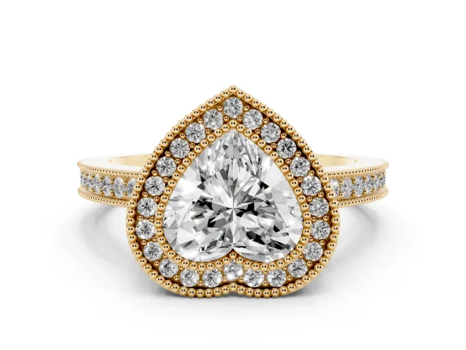 Heart Cut Diamond Round Halo Ring Set in Yellow gold with Pavé Band