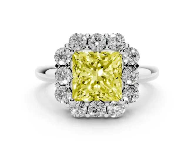 Fancy Yellow Princess Cut Diamond Milgrain Halo Solitaire Ring Set in Platinum with Bezel Set Side Stones and Pavé Band