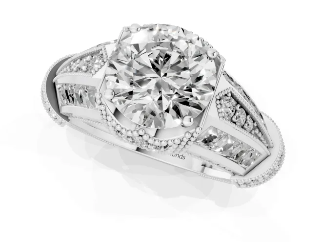 Round Cut Diamond Vintage-Inspired Milgrain Ring Set in Platinum with Accent Split Shank – second view