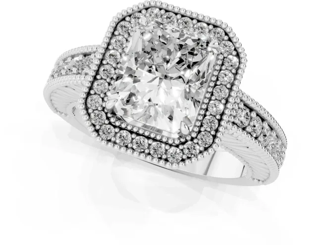 Radiant Cut Diamond Halo Ring Set in White gold with Round Accent Halo, Pavé Band and Prong Setting – second view