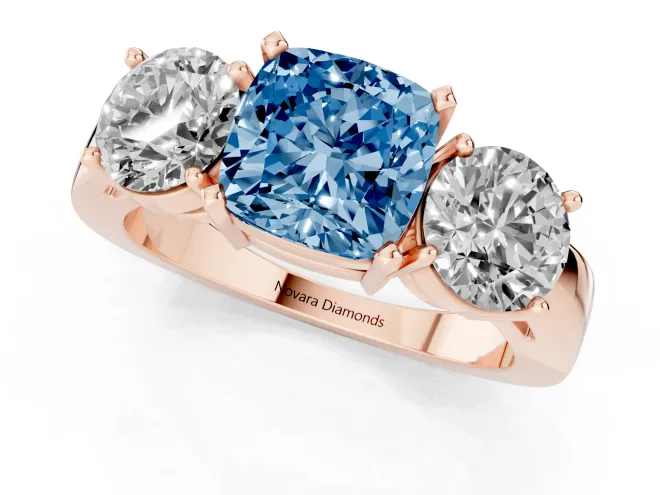 Fancy Blue Cushion Cut Diamond Three-Stone Ring Set in Rose gold with Round Side Stones and Classic Band – second view