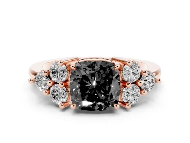 Fancy Black Cushion Cut Diamond Solitaire Ring Set in Rose gold with Cluster Accents on Each Side