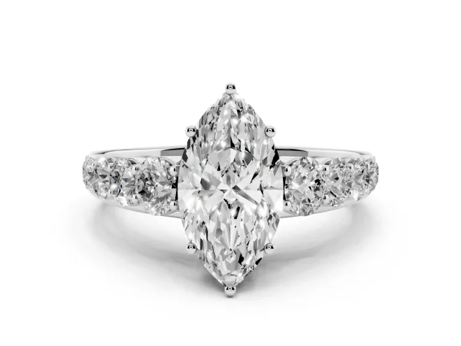 Marquise Cut Diamond Solitaire Ring Set in Platinum with Pavé-Set Band and Prong Setting