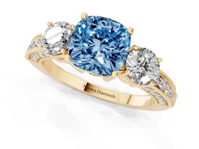 Fancy Blue Cushion Cut Diamond Three-Stone Ring Set in Yellow gold with Round Side Stones and Pavé Band – second view