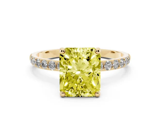 Radiant Cut Pavé Solitaire Engagement Ring Setting for a Fancy Yellow Lab-Grown Diamond | Pavé Shoulders | Yellow Gold