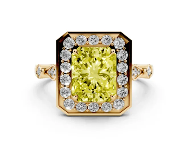 Radiant Cut Halo Engagement Ring Setting for a Fancy Yellow Lab-Grown Diamond | Bezel Station Shoulders | Yellow Gold
