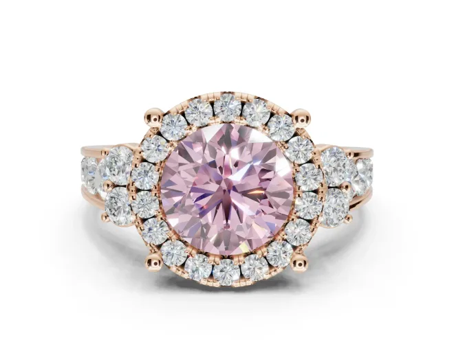 Round Halo Engagement Ring Setting for a Fancy Pink Lab-Grown Diamond | Side Clusters | Rose Gold