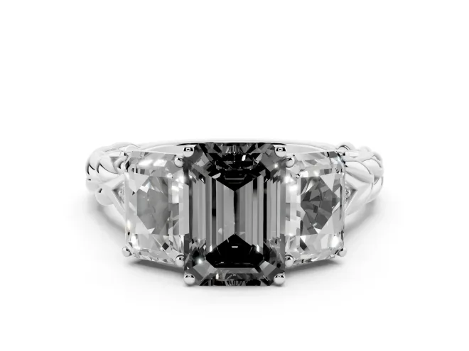 Fancy Black Emerald Cut Diamond Three-Stone Ring Set in Silver with Braided Band