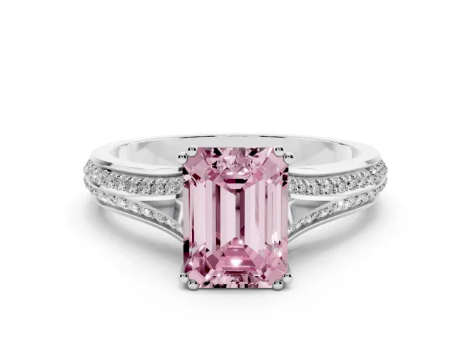 Emerald Cut Split Shank Engagement Ring Setting for a Fancy Pink Lab-Grown Diamond | Pavé Band | Sterling Silver