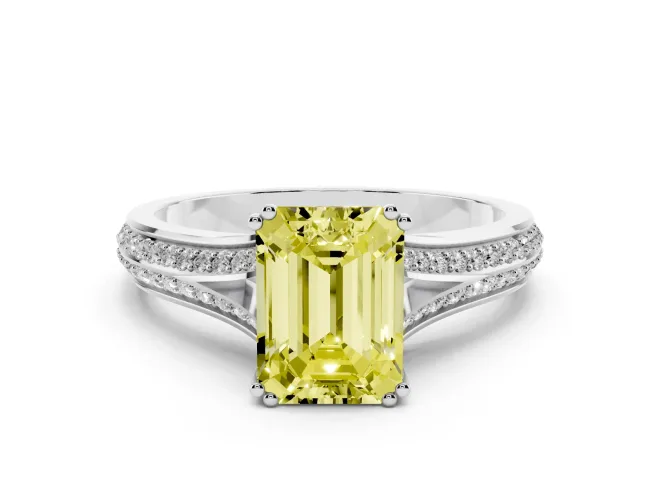 Emerald Cut Split Shank Engagement Ring Setting for a Fancy Yellow Lab-Grown Diamond | Pavé Band | Platinum