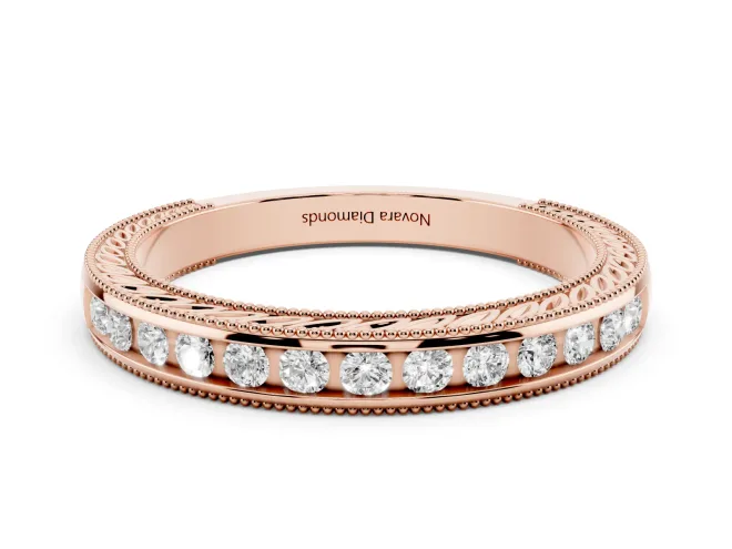 Round Lab-Grown Diamond Vintage Channel Set Wedding Band | Carved Leaf Sides | Rose Gold