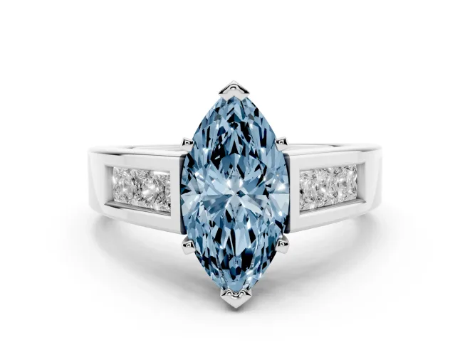 Fancy Blue Marquise Cut Diamond Solitaire Ring Set in Silver with Channel-Set Accent Stones and Prong Setting