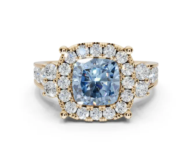 Cushion Cut Halo Engagement Ring Setting for a Fancy Blue Lab-Grown Diamond | Graduated Channel Band | Yellow Gold