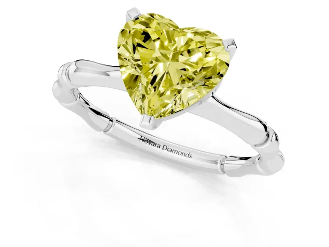 Fancy Yellow Heart Cut Diamond Solitaire Ring Set in White gold with Bamboo Band and Prong Setting – second view