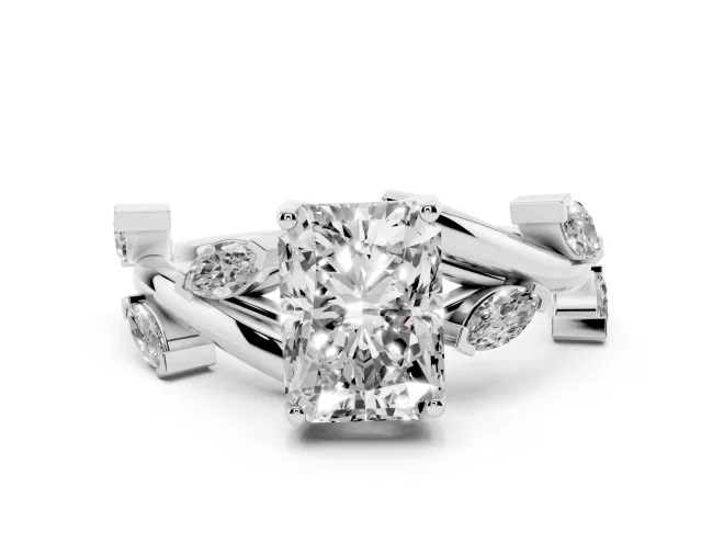 Radiant Cut Twisted Vine Engagement Ring Setting | Marquise Side Stones | White Gold