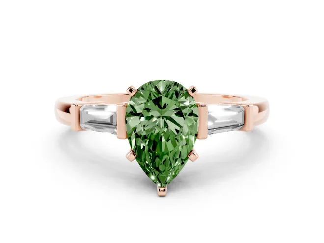 Pear-Shaped Three-Stone Engagement Ring Setting for a Fancy Green Lab-Grown Diamond | Tapered Baguettes | Rose Gold