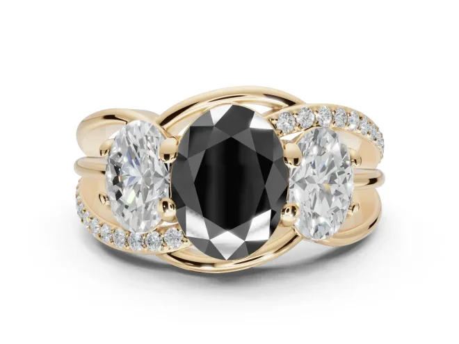 Oval Three Stone Engagement Ring Setting for a Black Center | Yellow Gold