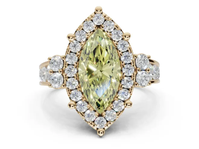 Marquise Halo Engagement Ring Setting for a Fancy Yellow Lab-Grown Diamond | Graduated Channel Band | Yellow Gold