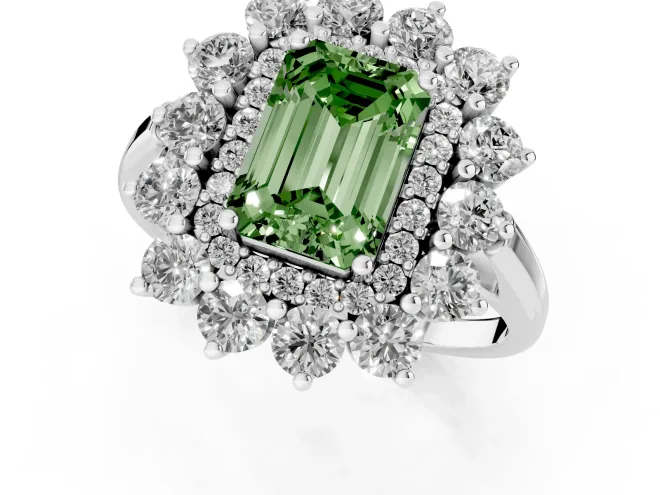 Fancy Green Emerald Cut Diamond Floral Double Halo Ring Set in White gold with Round Petals – second view