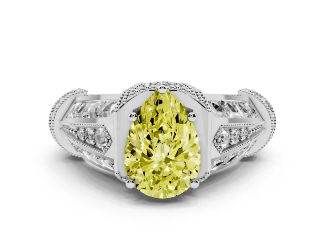Fancy Yellow Pear Cut Diamond Vintage-Inspired Milgrain Ring Set in Silver with Accent Split Shank
