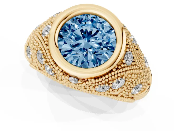 Round Vintage Bezel Engagement Ring Setting for a Fancy Blue Lab-Grown Diamond | Yellow Gold – second view
