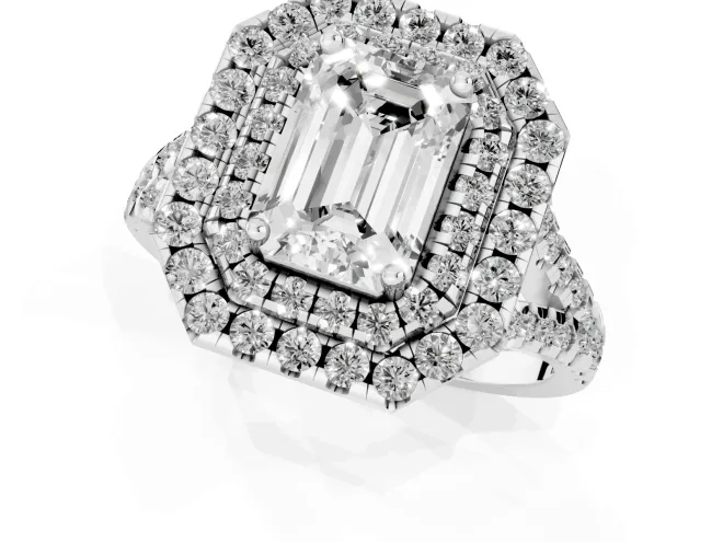Emerald Cut Diamond Double Halo Ring Set in Silver with Pavé Split Shank and Prong Setting – second view