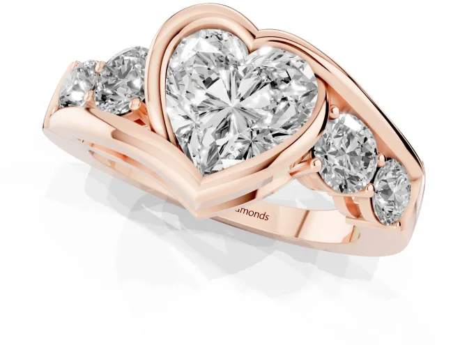 Heart Cut Diamond Bezel Bypass Ring Set in Rose gold with Round Accents – second view