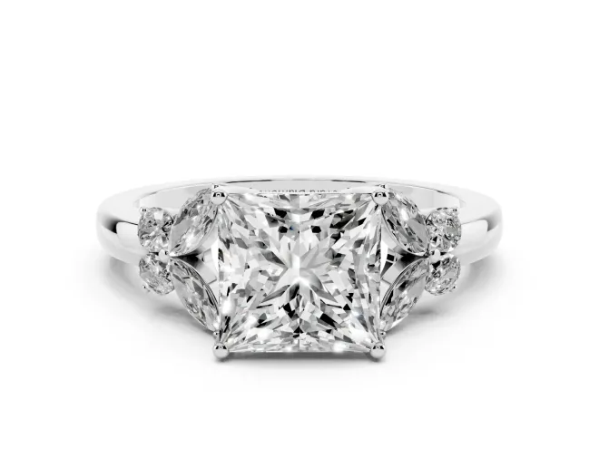 Princess Cut Petal Accent Engagement Ring Setting | Marquise and Round Sides | White Gold