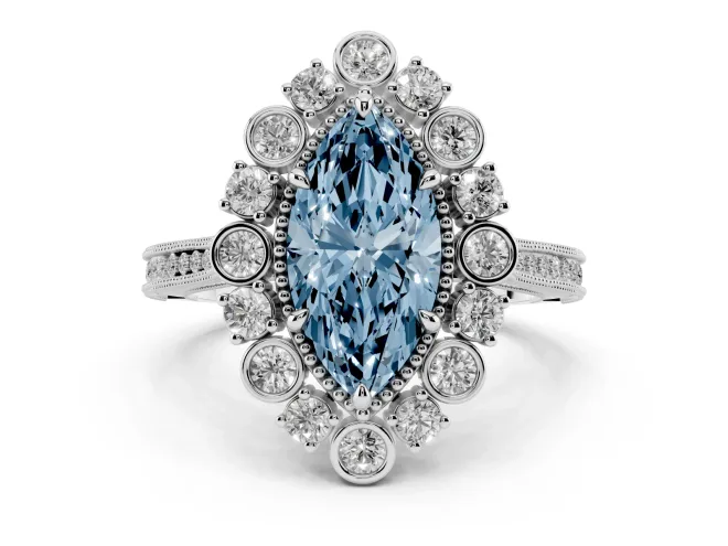 Marquise Scalloped Halo Engagement Ring Setting for a Fancy Blue Lab-Grown Diamond | Milgrain Edges | Sterling Silver