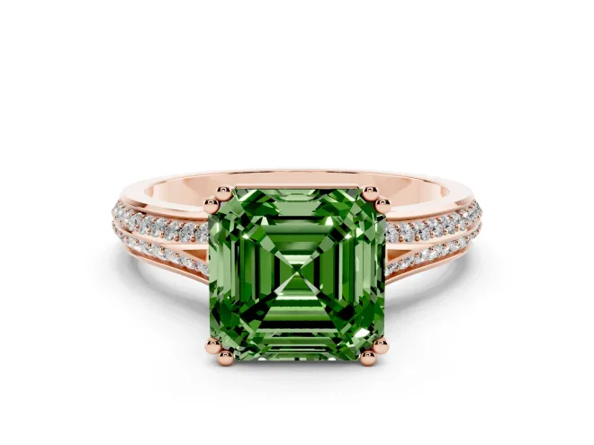 Asscher Cut Split Shank Engagement Ring Setting for a Fancy Green Lab-Grown Diamond | Pavé Band | Rose Gold