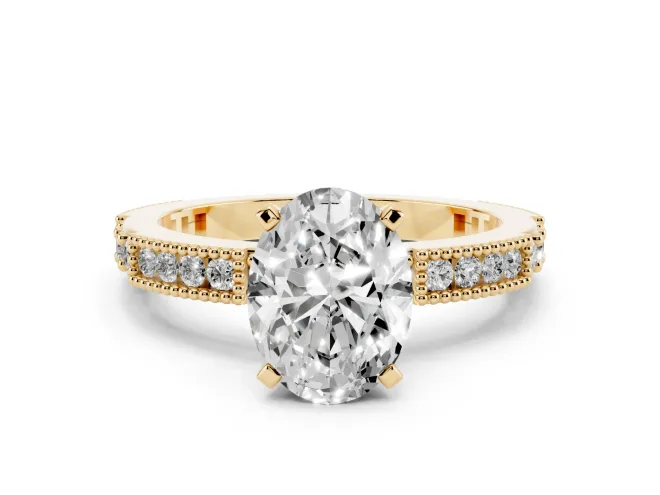 Oval Cut Diamond Solitaire Ring Set in Yellow gold with Slim Pavé Band and Prong Setting