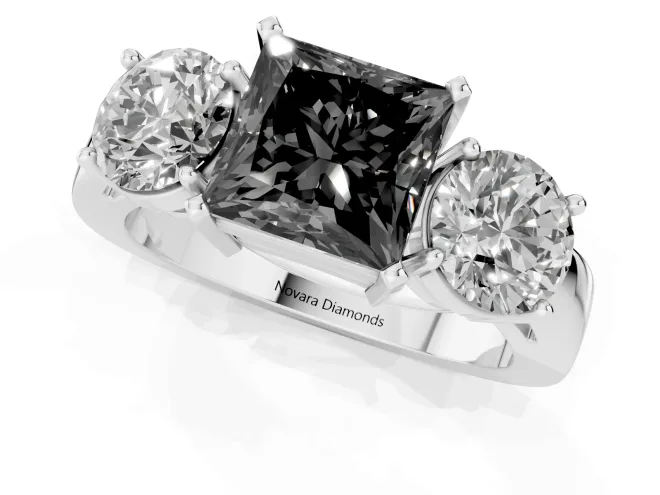 Fancy Black Princess Cut Diamond Three-Stone Ring Set in Silver with Round Side Stones and Classic Band – second view
