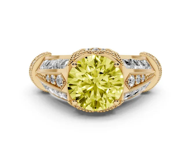 Round Vintage Milgrain Engagement Ring Setting for a Fancy Yellow Lab-Grown Diamond | Hidden Halo | Yellow Gold