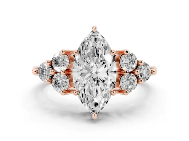 Marquise Cut Diamond Solitaire Ring Set in Rose gold with Cluster Accents on Each Side