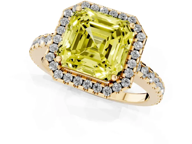 Fancy Yellow Asscher Cut Diamond Halo Ring Set in Yellow gold with Pavé Shoulders and Halo-Framed Center – second view