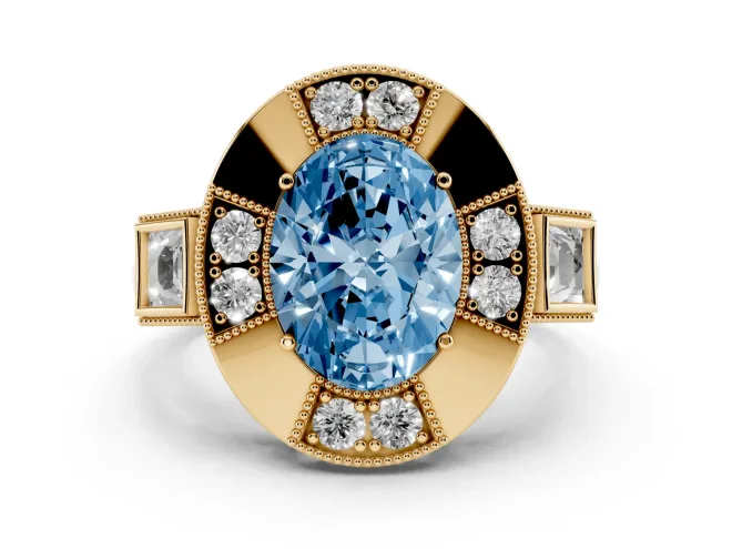 Oval Milgrain Sectioned Halo Engagement Ring Setting for a Fancy Blue Lab-Grown Diamond | Yellow Gold