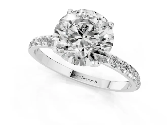 Round Cut Diamond Solitaire Engagement Ring Set in Silver with Round Pavé Band and Prong Setting – second view