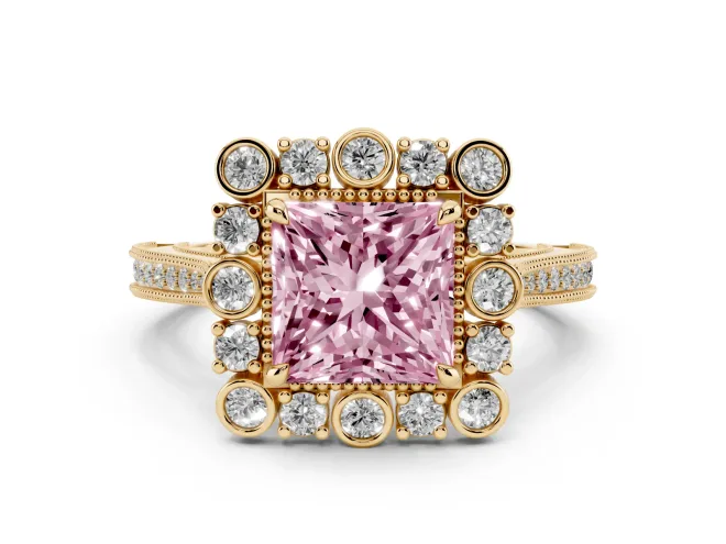 Princess Cut Scalloped Halo Engagement Ring Setting for a Fancy Pink Lab-Grown Diamond | Milgrain Edges | Yellow Gold