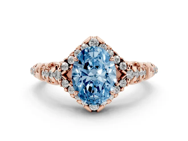 Fancy Blue Oval Cut Diamond Solitaire Ring Set in Rose gold with Hidden Halo and Pavé Band