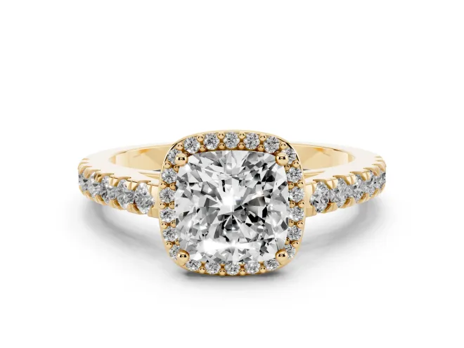 Cushion Cut Halo Pavé Engagement Ring Setting | Single Row Shoulders | Yellow Gold