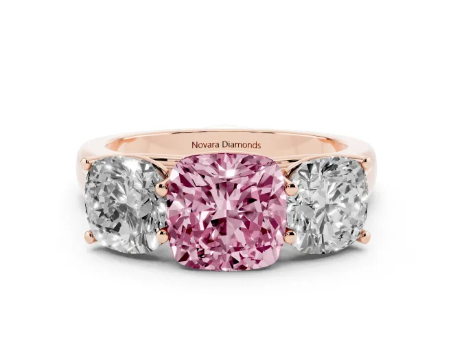 Cushion Cut Three Stone Engagement Ring Setting for a Fancy Pink Lab-Grown Diamond | Basket Prong Heads | Rose Gold