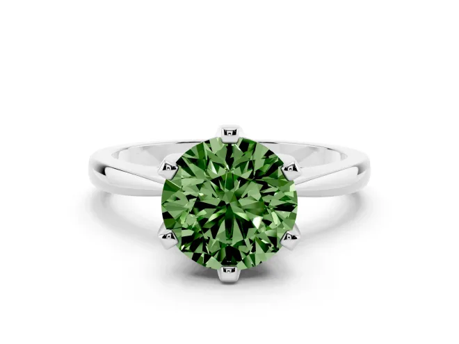 Fancy Green Round Cut Diamond Solitaire Engagement Ring Set in Silver with Slim Tapered Solitaire Band