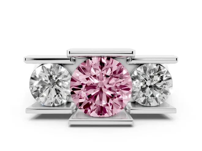 Fancy Pink Round Cut Diamond Three-Stone Channel Set Ring Set in Silver with Smooth Polished Band