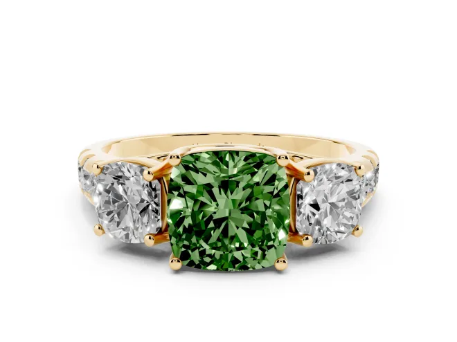Cushion Cut Three Stone Engagement Ring Setting for a Fancy Green Lab-Grown Diamond | Accented Shoulders | Yellow Gold