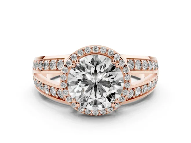 Round Halo Engagement Ring Setting | Two-Row Pavé Split Shank | Rose Gold