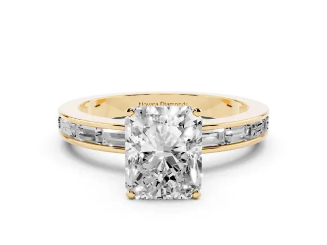 Radiant Cut Channel Set Engagement Ring Setting | Baguette Side Stones | Yellow Gold