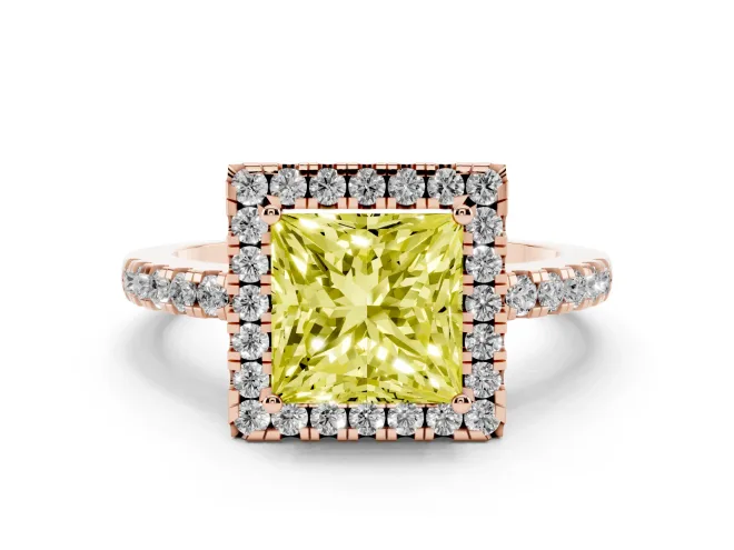 Princess Cut Halo Engagement Ring Setting for a Fancy Yellow Lab-Grown Diamond | Shared Prong Pavé Band | Rose Gold