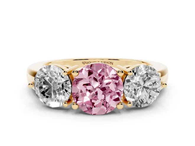 Round Three Stone Engagement Ring Setting for a Fancy Pink Lab-Grown Diamond | Large Round Side Stones | Yellow Gold